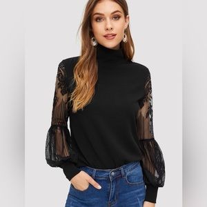 SHEIN High Neck Lace Lantern Sleeve Top